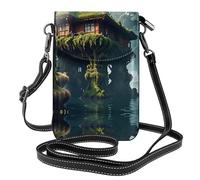 YYHHAOFA Piccola borsa per telefono cellulare 19,3 x 12,4 cm con immagine di casa dell'isola galleggiante in pelle a tracolla custodia per telefono per donne, perfetta per passeggiate, campeggio, nero