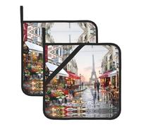 YYHHAOFA Pittura a olio Parigi Scena di strada Torre Eiffel Stampe presine quadrate resistenti al calore (set di due) 20,3 x 20,3 cm: spessi e resistenti, anti-scottatura e facili da pulire