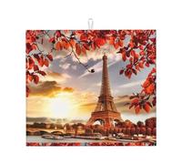 YYHHAOFA Tappetino scolapiatti da cucina con Torre Eiffel di Parigi con foglie autunnali, in microfibra, altamente assorbente, antiscivolo, strato ad asciugatura rapida con stampa resistente allo