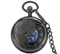 YYHSD Orologio da tasca, Antique Black Black Half Hunter MechanicalPocket Pocket Orologio, Numeri Blu Roman Mostra Pendente Avvolgimento a mano con catena