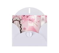 YYHWHJDE Biglietto di auguri bianco con stampa a tema scala in fiore di ciliegio rosa, per Natale, compleanno dei bambini, San Valentino e invito per feste