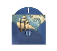 YYHWHJDE Biglietto di auguri blu con barca a vela alla deriva sul mare, motivo mappa perfetta per San Valentino, anniversario di matrimonio e inviti per feste