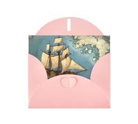 YYHWHJDE Biglietto di auguri rosa con barca a vela alla deriva sul mare, motivo mappa perfetta per San Valentino, anniversario di matrimonio e inviti per feste