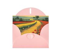 YYHWHJDE Biglietto di auguri rosa con campo di papaveri con motivo stradale di mattoni gialli per inviti per feste di compleanno