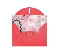 YYHWHJDE Biglietto di auguri rosso con stampa a tema scala in fiore di ciliegio rosa, per Natale, compleanno dei bambini, San Valentino e invito per feste