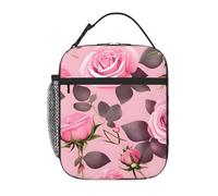 YYHWHJDE Borsa termica portatile per il pranzo, motivo con rose rosa, riutilizzabile, durevole, per uomini e donne