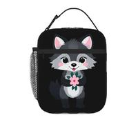 YYHWHJDE Borsa termica portatile per il pranzo, motivo: lupo grigio con piccolo fiore rosa, riutilizzabile, durevole, per uomini e donne, facile da trasportare