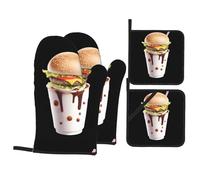 YYHWHJDE Burger on Milk Tea Pattern Cucina cottura set di quattro pezzi Include 2 guanti isolati e 2 coperchi per pentole con tasche anti-scottatura e termoisolante