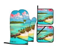 YYHWHJDE Caribbean Scenery Pattern Kitchen Baking - Set da 4 pezzi con guanto da forno isolato e presine, anti-scottatura e isolamento termico