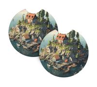 YYHWHJDE Confezione da 2 sottobicchieri con immagine di una piccola città sull'isola - sottobicchieri resistenti e impermeabili per la protezione e la decorazione degli interni dell'auto