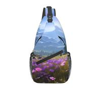 YYHWHJDE Cross Chest Bag Diagonally - Borsa a tracolla di qualità, resistente e spaziosa, per uomini e donne, natura, fiori viola, prato, montagna, immagine scenica, nero, taglia unica, Nero , Taglia