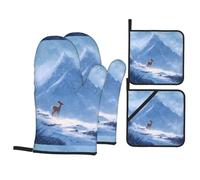 YYHWHJDE Deer under the snow mountain Pattern Kitchen Baking set di quattro pezzi Include 2 guanti isolati e 2 coperchi per pentole con tasche anti-scottatura e termoisolante
