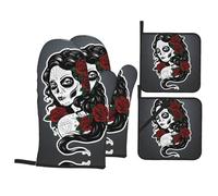 YYHWHJDE Goth Girl Prints, set da cucina da 4 pezzi con strati resistenti al calore e coperture impermeabili, guanti da forno per pentole calde, grill e piatti