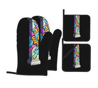 YYHWHJDE Graffiti pietra pilastro Stampe Cucina cottura set, guanti da forno, ispessito e isolato quattro pezzi tuta