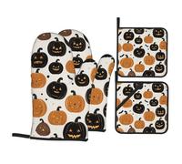 YYHWHJDE Jack-o'-lantern Pattern Kitchen Baking set di quattro pezzi include 2 guanti isolati e 2 coperchi per pentole con tasche anti-scottatura e termoisolante