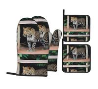 YYHWHJDE Leopard under the si Pattern Kitchen Baking set di quattro pezzi include 2 guanti isolati e 2 coperchi per pentole con tasche anti-scottatura e termoisolante