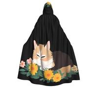 YYHWHJDE Mantello con cappuccio per adulti con gattino che fa un pisolino davanti ai fiori, per Halloween, per giochi di ruolo, costumi da palcoscenico, feste, facile da pulire