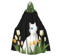 YYHWHJDE Mantello con cappuccio per adulti con gatto bianco tra tulipani e fiori, mantello con cappuccio super grande senza cerniera