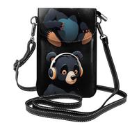 YYHWHJDE Piccola borsa a tracolla in pelle per cellulare, 19,6 x 12,4 cm, motivo orsetto nero che ascolta la musica, per passeggiate, campeggio, shopping, viaggi e uso all'aperto