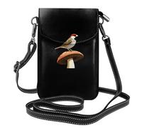 YYHWHJDE Piccola borsa per cellulare 19,3 x 12,4 cm, motivo: passero, appollaiato su un motivo a fungo, in pelle, custodia per telefono da donna, perfetta per passeggiate, campeggio