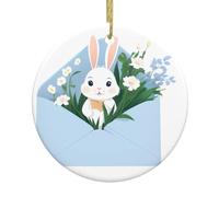 YYHWHJDE Piccolo coniglio bianco fiori sulla busta Stampe albero di Natale in ceramica appeso ciondolo rotondo -7,4 cm squisita porcellana bianca facile da appendere