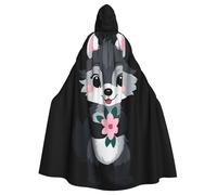 YYHWHJDE Piccolo lupo grigio che tiene un piccolo fiore rosa immagine Halloween adulto mantello con cappuccio senza cerniera, comodo per feste in costume