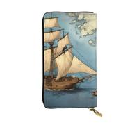YYHWHJDE Pochette lunga in pelle di qualità con barca a vela alla deriva sulla mappa del mare, progettata per ragazze e donne alla moda, elegante, 19 x 10,5 cm, Nero , Taglia unica