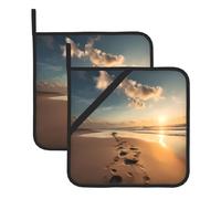 YYHWHJDE Set di 2 tappetini isolanti quadrati con motivo impronte sulla spiaggia, per isolamento termico durante la rimozione del coperchio, microonde, forno e barbecue all'aperto