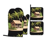 YYHWHJDE Set di 4 guanti da forno e presine con immagine di piccola cabina sotto gli alberi di cocco, spessi e durevoli, antiscottatura e termoisolanti
