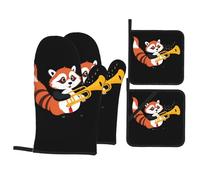 YYHWHJDE Set di 4 guanti da forno e presine con motivo panda rosso che soffia tromba, spessi e durevoli, antiscottatura e termoisolanti