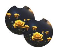 Yyhwhjde - Sottobicchieri per auto, confezione da 2 pezzi, con bellissime rose gialle, in gomma cloroprenica, impermeabili, ad asciugatura rapida, inodori, per portabicchieri