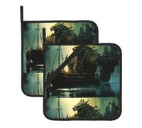 YYHWHJDE Sottopentola isolato quadrato con motivo oceano mostro nave, 2 pezzi, spesso e resistente, per isolamento termico, per microonde, forno e barbecue all'aperto