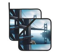 YYHWHJDE Sottovaso quadrato con motivo a ponte alto sul mare, 2 pezzi, spesso e resistente, con cordino, per forni a microonde, forni, grigliate all'aperto