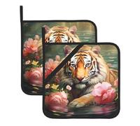 YYHWHJDE Sottovaso quadrato con stampa di tigre e fiori di loto, 2 pezzi, dotato di una comoda corda laterale per appenderlo facilmente