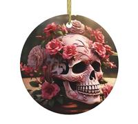 YYHWHJDE Sugar Horror Skull Flowers Rose Prints Christmas Tree Ceramic Hanging Round Pendant -7,4 cm Squisita porcellana bianca Facile da appendere