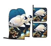 YYHWHJDE White-Golden Fish Picture Kitchen Baking - Set da 4 pezzi con guanto da forno isolato e presine, anti-scottatura e isolamento termico