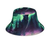 YYHWHJDE Wolves Howl in The Northern Lights Pattern Reflective Bucket Hat Uomo e Donna Casual Outdoor Nero