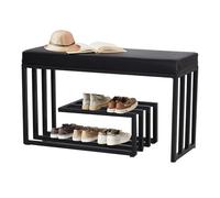 YYLMKMFC Upholstered with Shoe Rack nizer 2 Tier Metal Frame Hallway Bench for Entrance and Living Room Black PU Leather Seat Shelf Storage (23.62x11.81x15.74in)