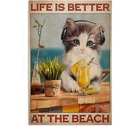 YYN Targa in metallo, stile retrò, poster novità, pittura in ferro, targa in latta, regalo per amanti, arte da parete, motivo: gatto Life is Better at The Beach, dimensioni 20,3 x 30,5 cm