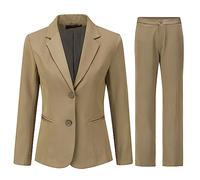 YYNUDA Tailleur da donna con pantaloni, risvolto cadente, due bottoni, slim, elegante, tailleur da lavoro con vestibilità aderente, marrone, S