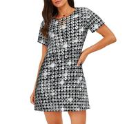 Yyoretp Argento Paillettes Sparkle Pattern Stampa Delle Donne Cotone Camicia Da Notte Maniche Corte Sleepwear Camicia Da Notte Casual Pigiama Comodo, Nero , L