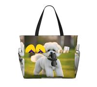 Yyoretp Bichon Frise Dog on the grass Print Large Beach Bag Donna Impermeabile Pieghevole Cerniera Totes Bag per Vacanze Viaggi.