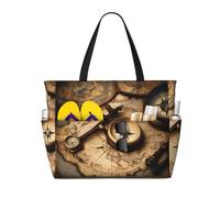 Yyoretp Grande borsa da spiaggia da donna con stampa di bussola e vecchia mappa del mondo, impermeabile, a prova di sabbia, borsa pieghevole da piscina
