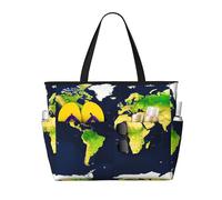 Yyoretp Grande borsa da spiaggia da donna con stampa di mappa del mondo, impermeabile, pieghevole, con cerniera, borsa per vacanze e viaggi.