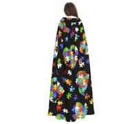 Yyoretp Mantello con cappuccio per adulti per la consapevolezza dell'autismo con pezzi di puzzle con stampa a forma di cuore, mantello per carnevale, cosplay, Natale, Halloween, tunica mantello.