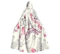 Yyoretp Mantello lungo con cappuccio con stampa della torre di Parigi e una bicicletta per adulti, per Halloween, cosplay, carnevale, mantelli da strega