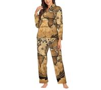 Yyoretp Pigiama da donna a maniche lunghe con stampa di mappamondo antica mappa del mondo, pigiama a 2 pezzi con tasche, caldo pigiama, Nero , XL