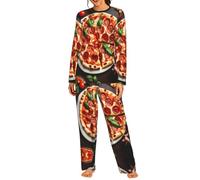 Yyoretp Pigiama da donna con stampa di pizza, a maniche lunghe, in cotone, 2 pezzi, con tasca