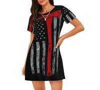 Yyoretp Pompiere Axe Linea Rossa Bandiera Stampa Delle Donne Cotone Camicia Da Notte Maniche Corte Sleepwear Casual Camicia Da Notte Comodo Pigiama, Nero , L