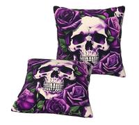 Yyoretp Set di 2 federe decorative quadrate per cuscini da divano, letto e divano, motivo con rose viola e teschio